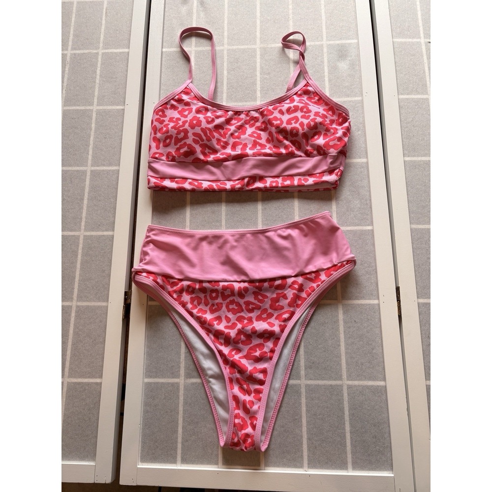Hazel & Olive High Waisted Bikini Tummy Control Sz M Pink Leopard Updated Retro